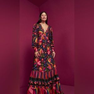 FARM Rio Large Black Banana Sky Maxi Dress V Neck Belted NWT Travel Tropical